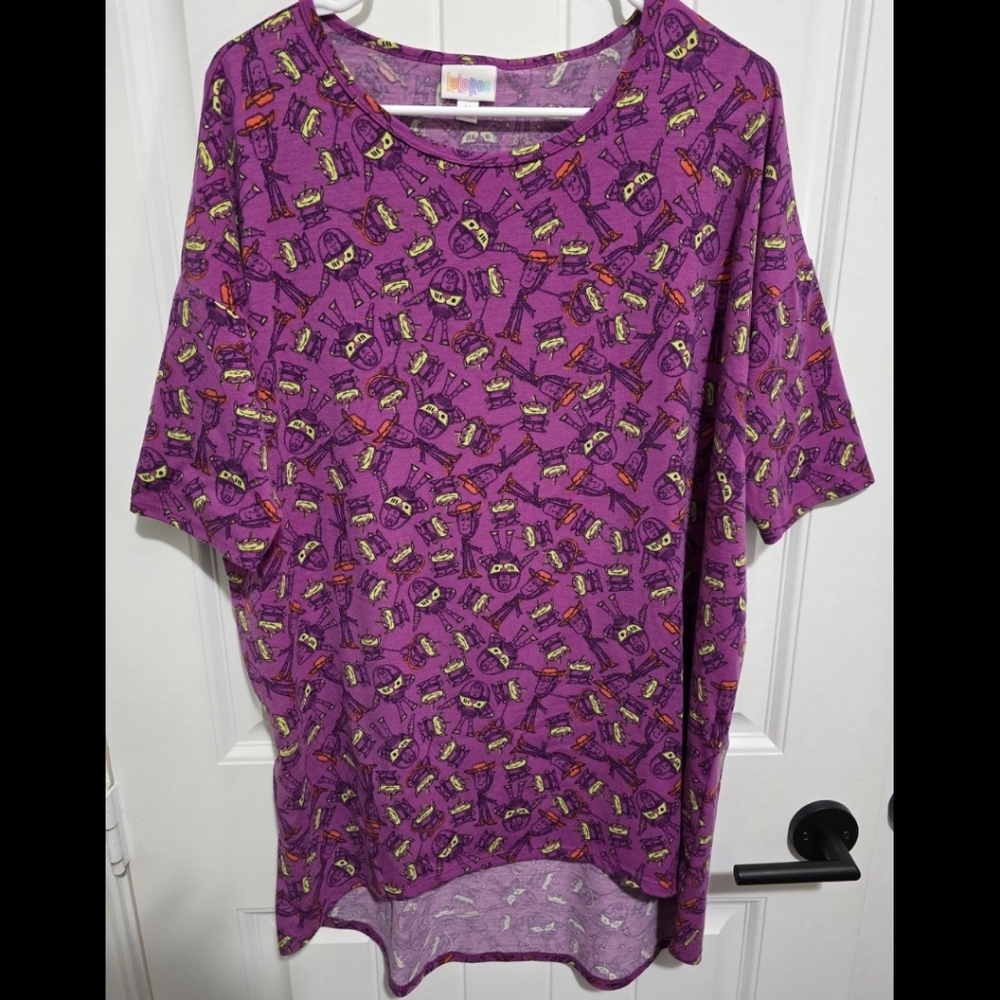 Lularoe Irma Tunic Top Shirt Toy Story Disney Buzz Woody Medium Runs Big Purple